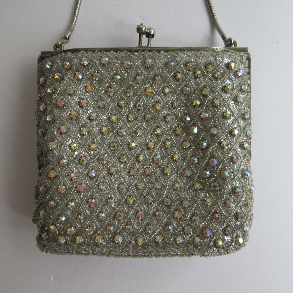 Silver Seed Bead AB Rhinestone Evening Bag Purse Metal Frame Kiss Lock Hong Kong - Picture 2 of 16